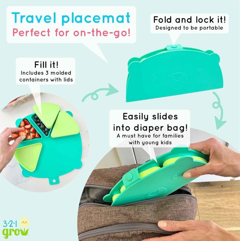 321 Grow Silicone On-The-Go Snack Mat – Foldable Reusable Placemat with 3 Compartments and Lids – Travel-Friendly Baby and Toddler Snack Plate – Dishwasher Safe (Aqua) - Image 2